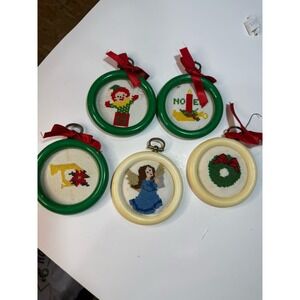 Vintage Christmas Ornaments Framed Cross Stitch Needlepoint Lot Of 5 Handmade